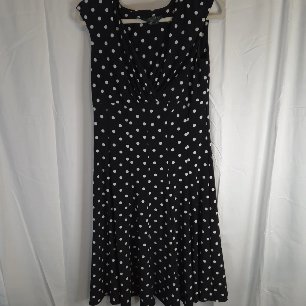 Lauren Ralph Lauren Women's Black Sleeveless Midi Dress with White Dots Size 10 - Picture 2 of 6